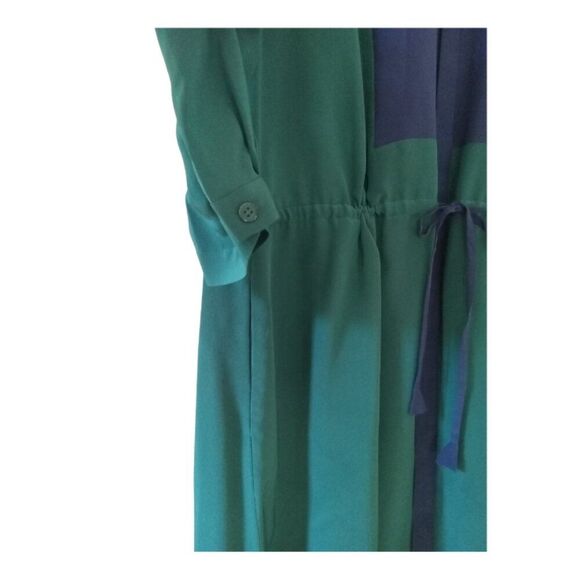 Fossil Rebecca Silk Shirt Dress M Green Colorblock Cinched Tie Waist Work - Picture 5 of 8